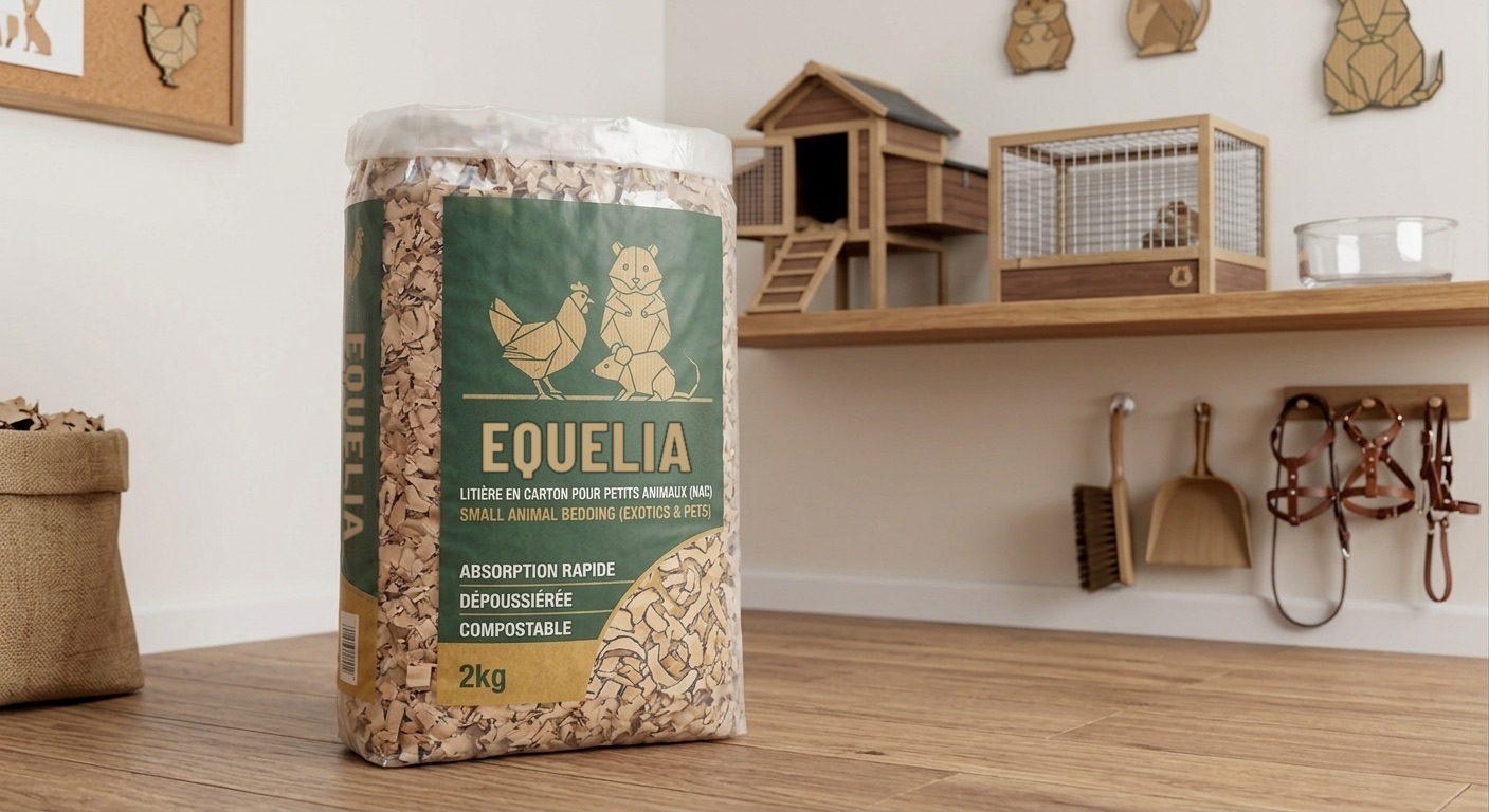 Un sac de 2 kg de litière Equelia pour petits animaux, devant une étagère avec un clapier et une cage