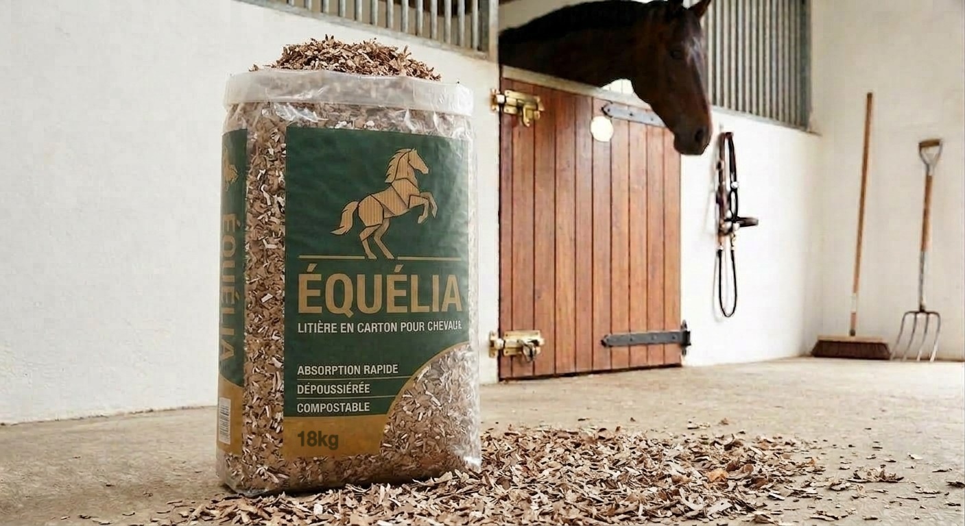 Sac de litière en carton Équélia (18 kg) posé dans une écurie, devant un cheval à la porte de son box